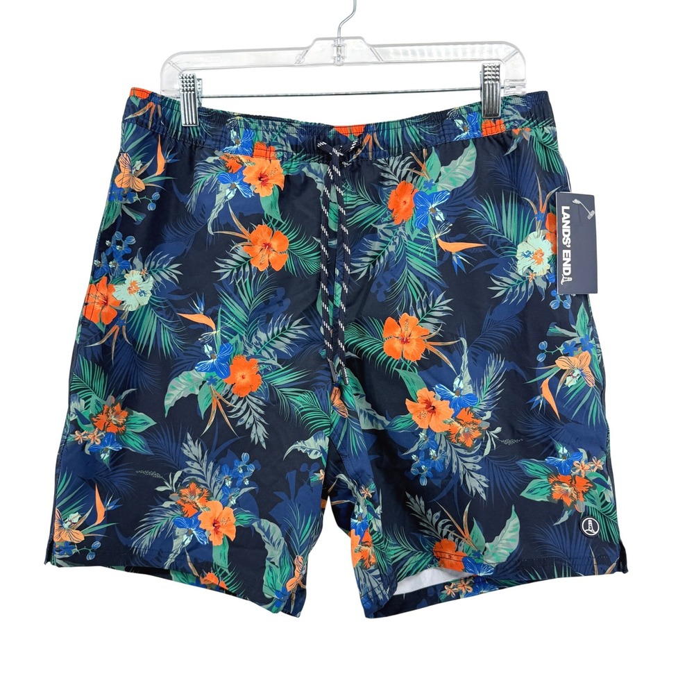 NEW Lands End Swim Trunks Mens Large Hydro Liner Navy Blue Tropical Floral UPF50